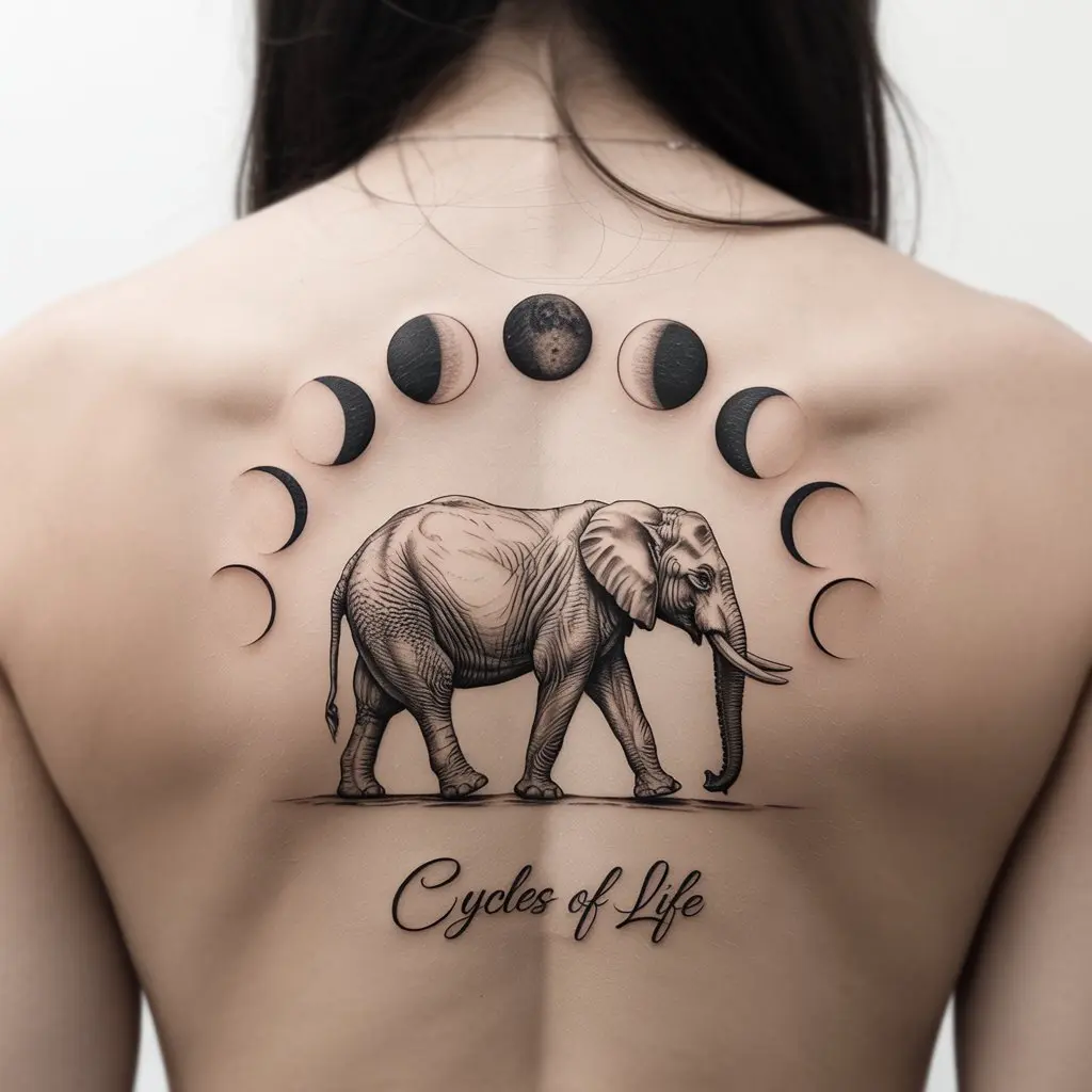 "Elephant tattoo with moon phases along the spine, minimalist black ink elephant tattoos representing life cycles and transformation."