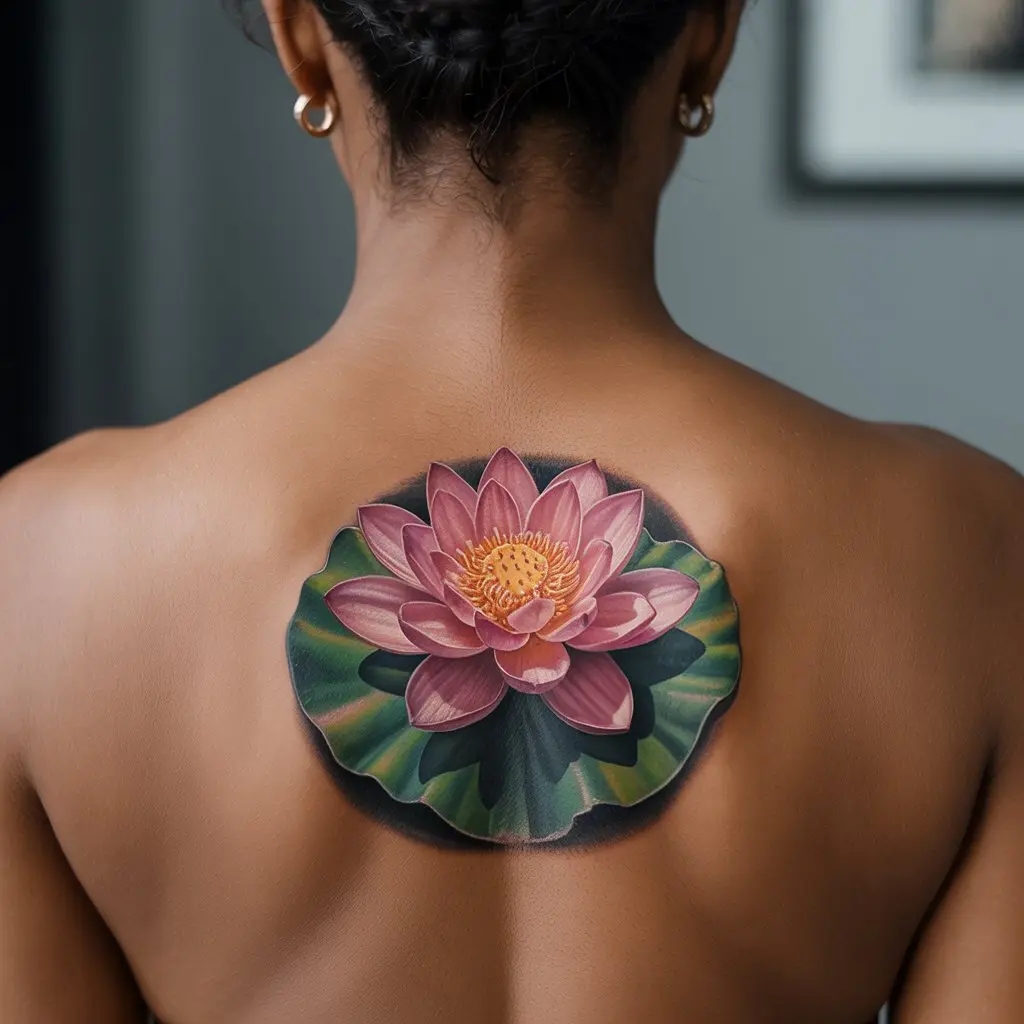 Black women tattoos – lotus flower tattoo on back, symbolizing growth and purity, perfectly blending with rich melanin skin tone.