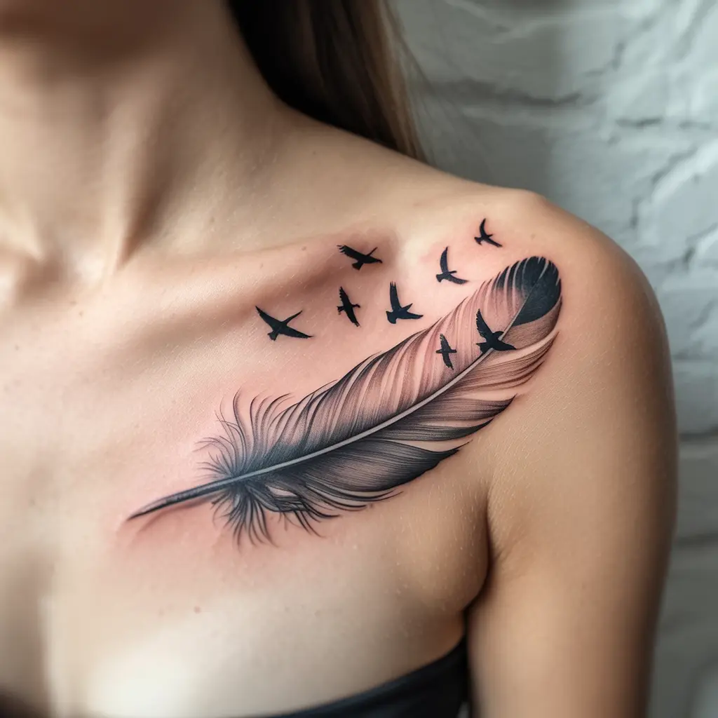 female tattoo ideas feather with birds journey of the soul — Feather transforming into flying birds tattoo on a woman’s shoulder blade.

