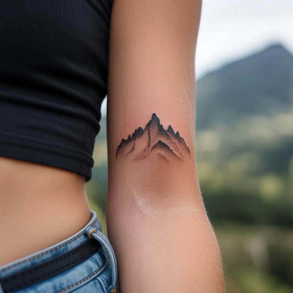 Forearm tattoo women – Mountain range silhouette forearm art in minimalist black ink

