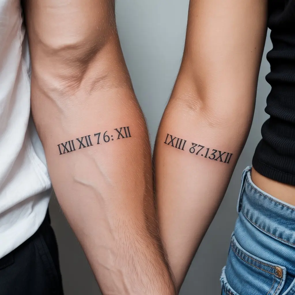 Roman Numerals Date Matching Couple Tattoos – Sleek Roman numerals date matching couple tattoos on inner forearms, meaningful couple design. 