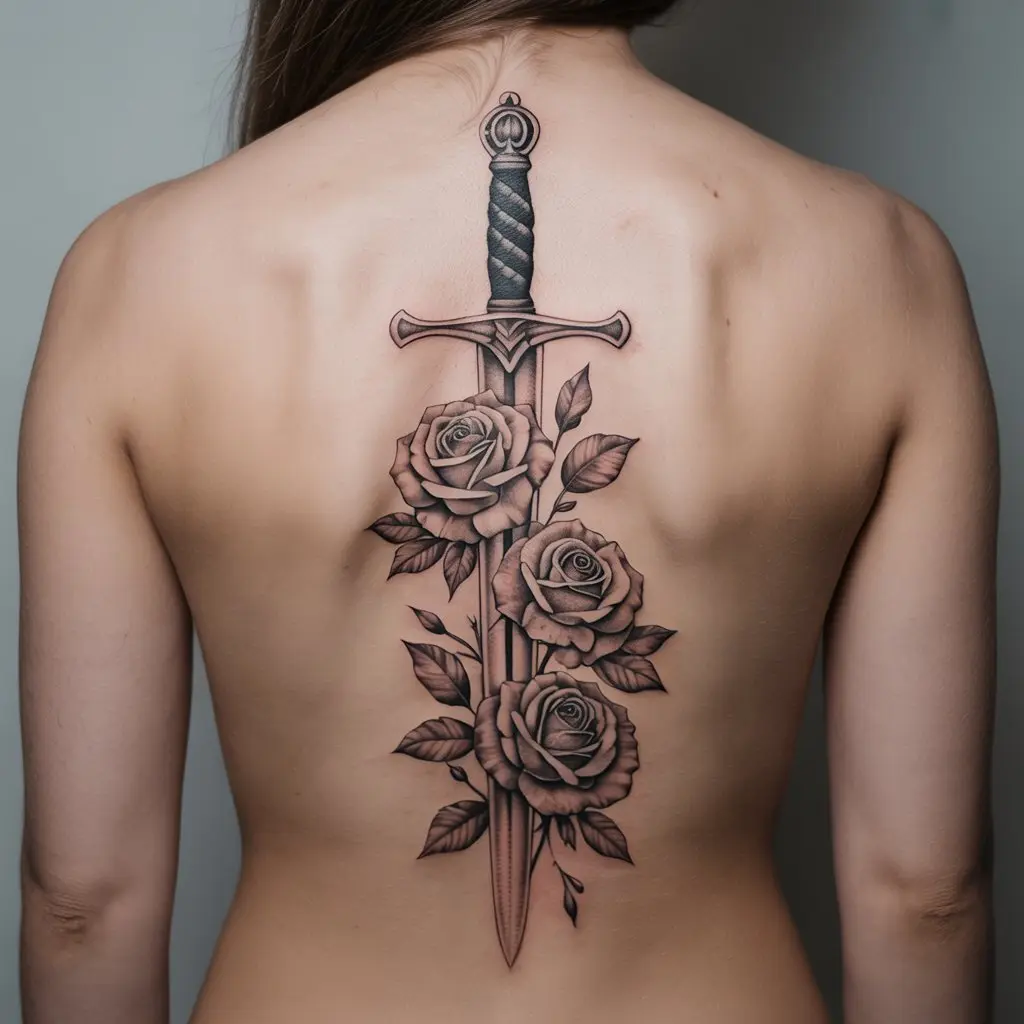 "Detailed feminine power tattoo of a sword surrounded by roses symbolizing strength with elegance"

