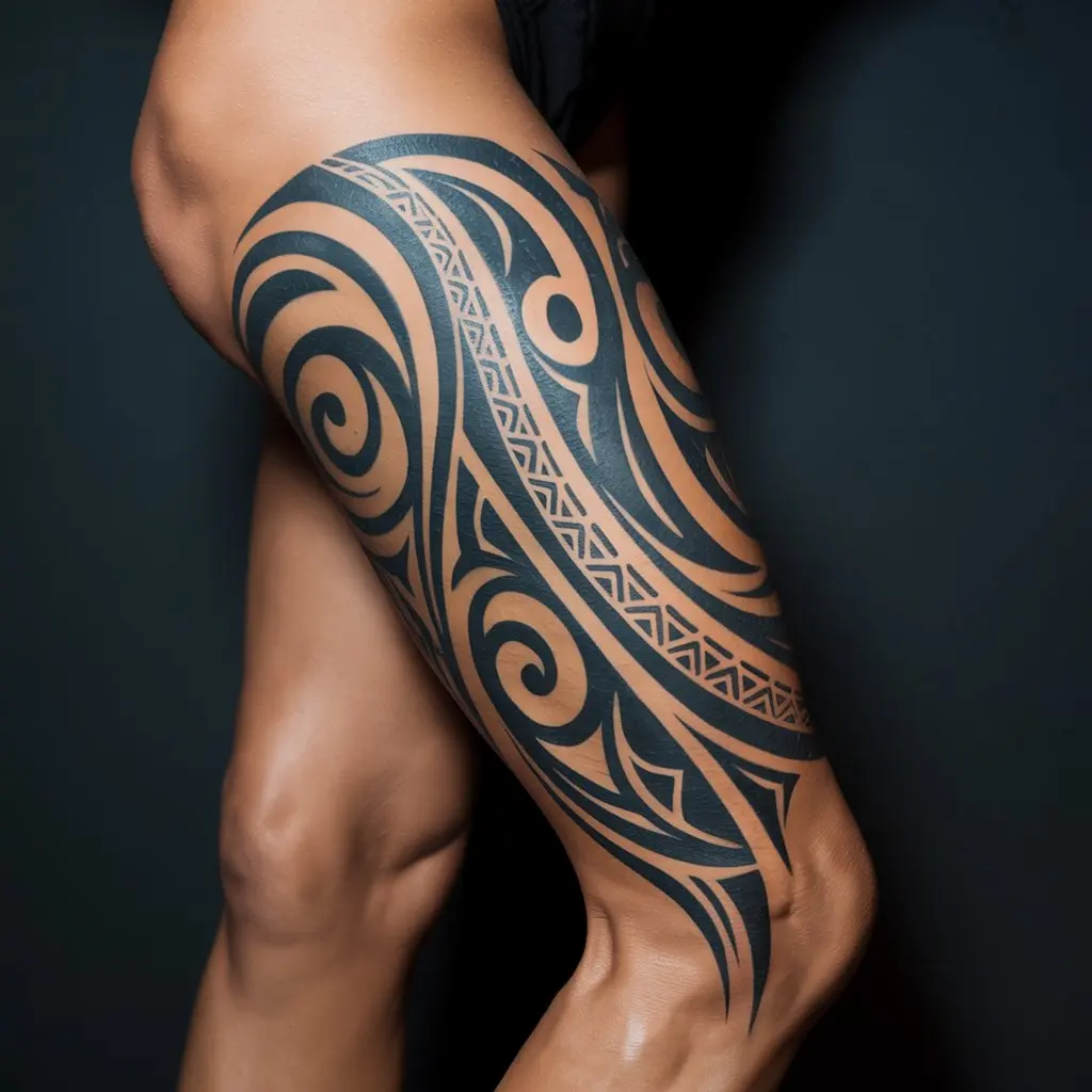 Tribal Leg Sleeve – leg tattoos women with bold Polynesian tribal patterns covering the full leg.

