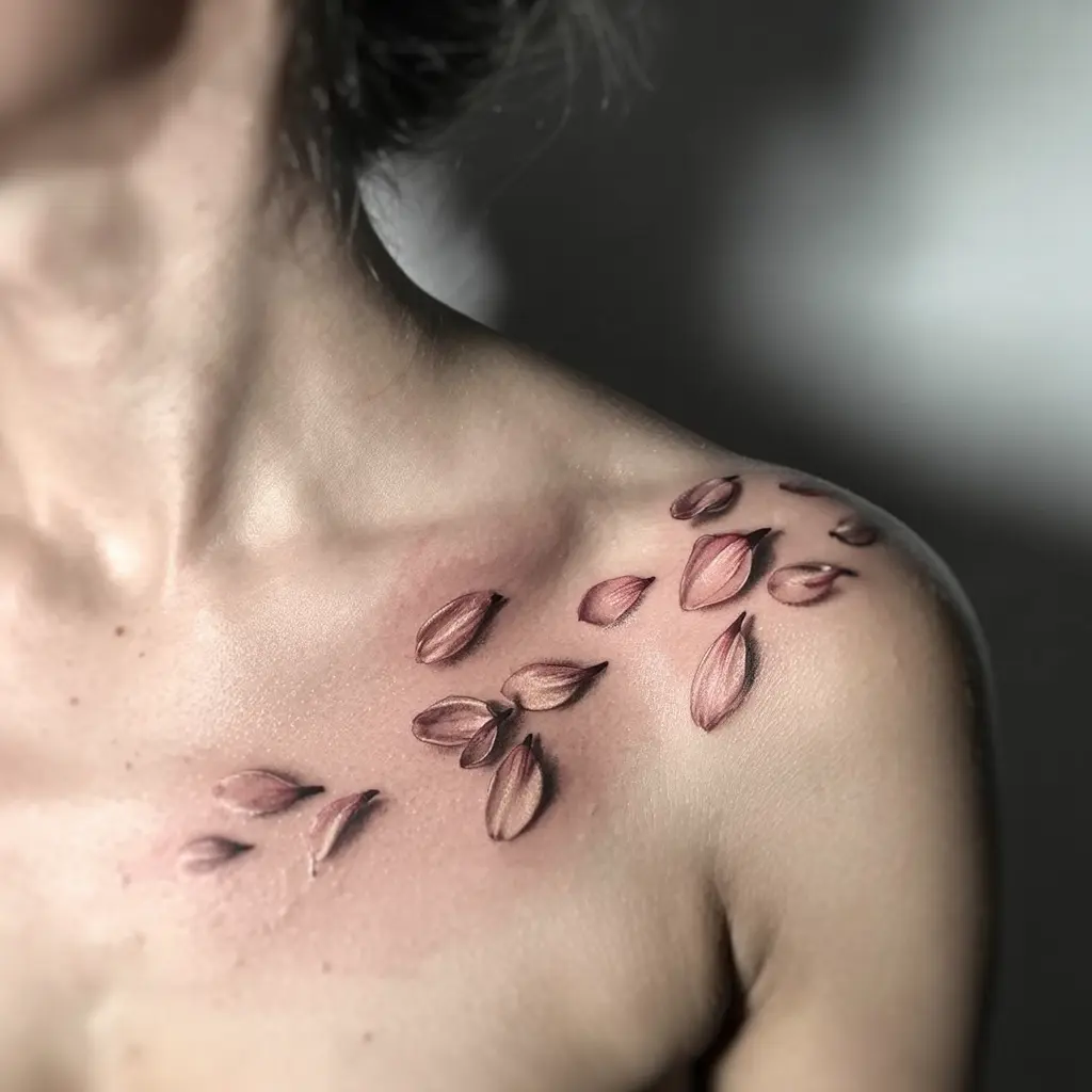 Petal Drift collar bone tattoo featuring soft pastel petals drifting naturally across the collar bone for a gentle floral look.