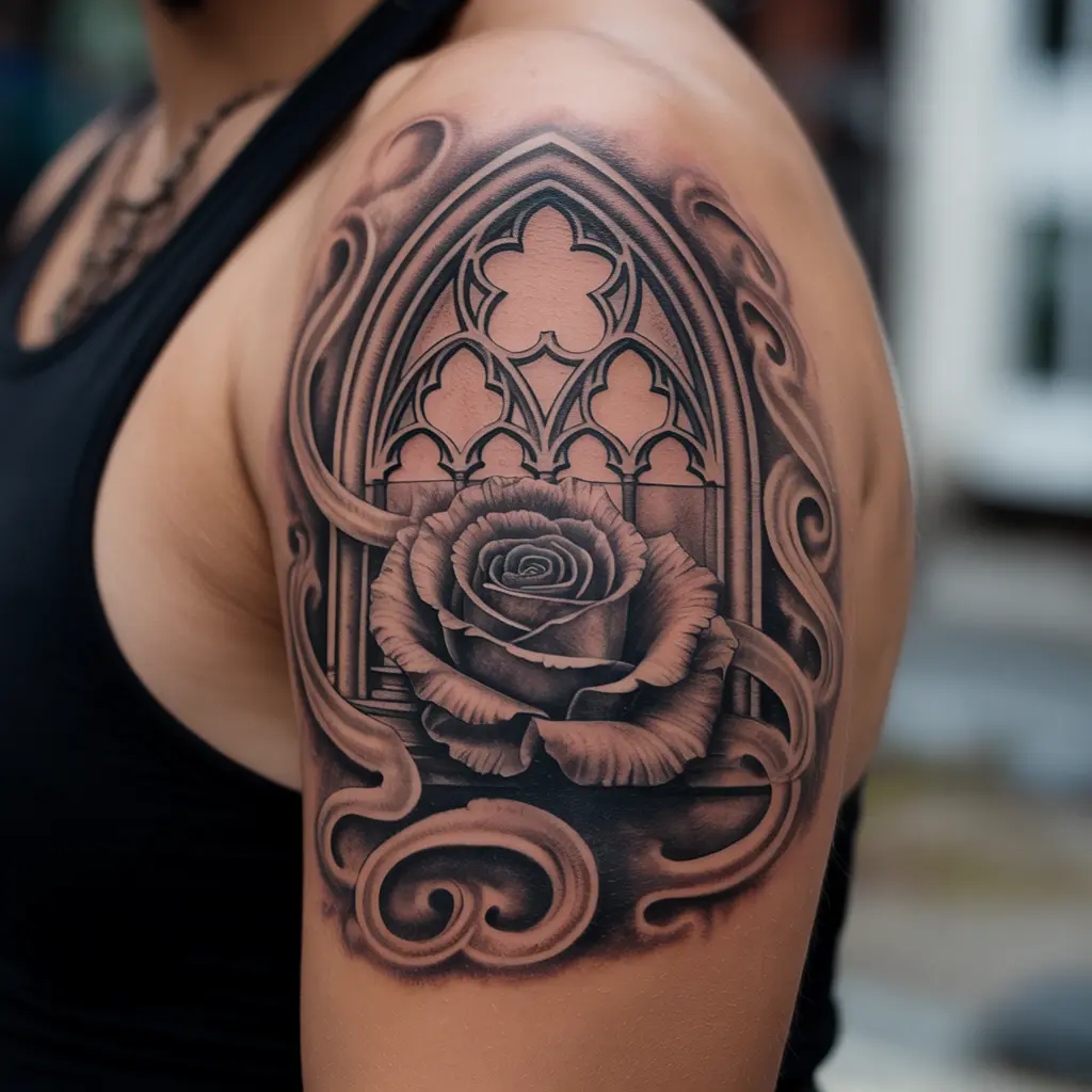 "Cathedral Rose Wrapped in Smoke whimsigoth tattoo featuring gothic rose window and smoke on shoulder"