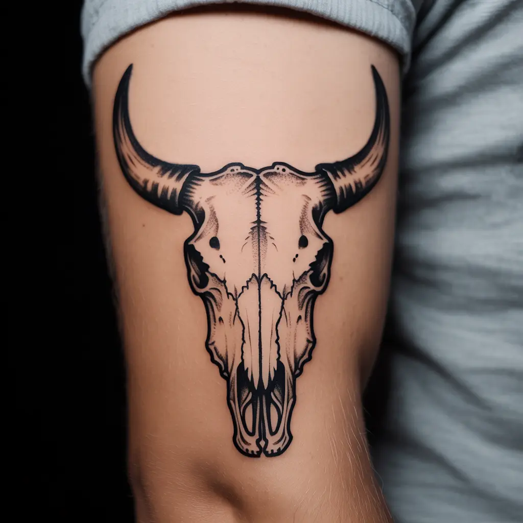 "Tribal cow skull tattoo with bold lines on bicep, representing sacrifice, cultural heritage, and inner strength."