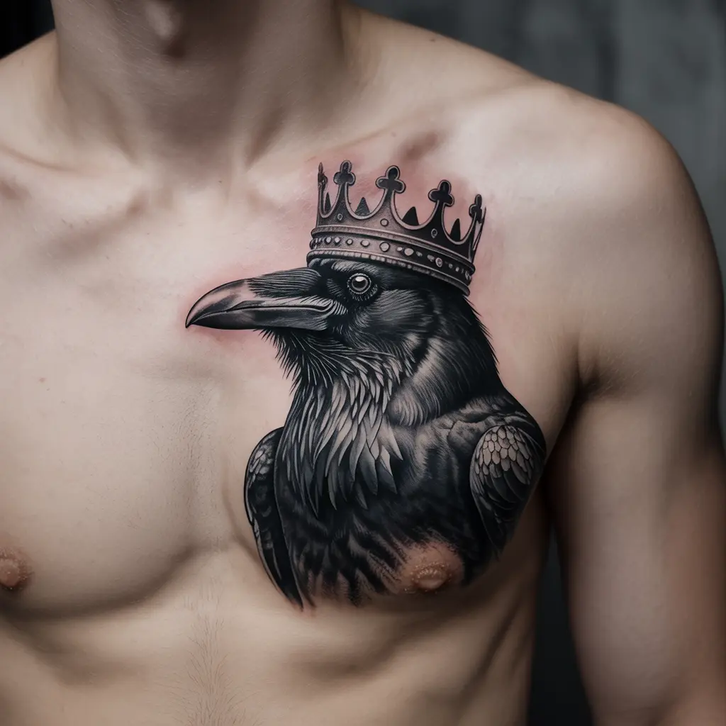 “Upper chest raven tattoo with a cracked crown, detailed black ink design symbolizing power and resilience.”