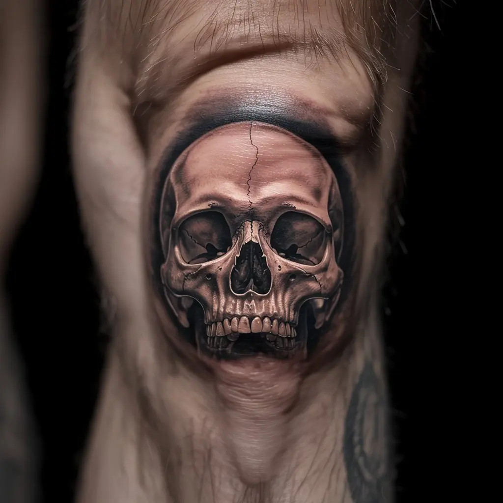 Black and grey skull knee cap tattoo with detailed shading and bold contours.

