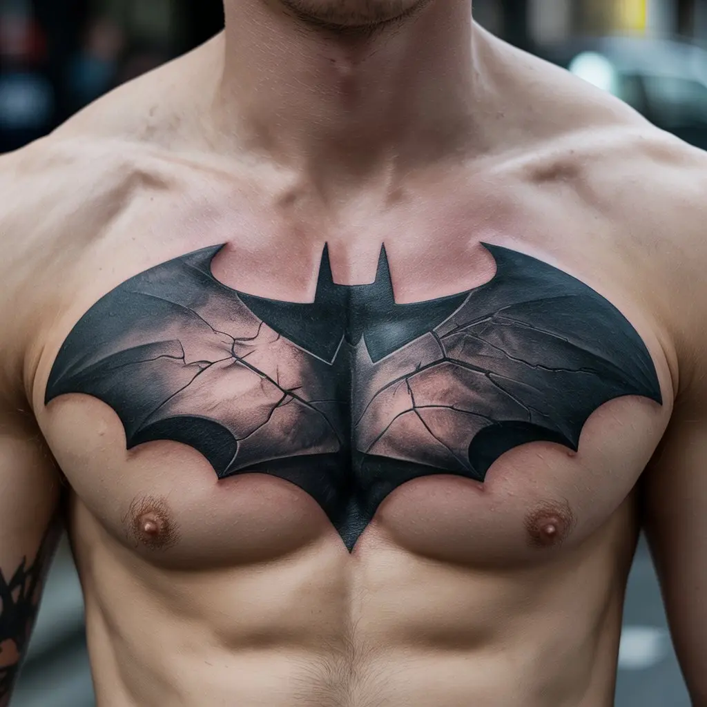 “Chest Batman tattoo with cracked armor but unbroken stance, symbolizing resilience, strength, and determination.”