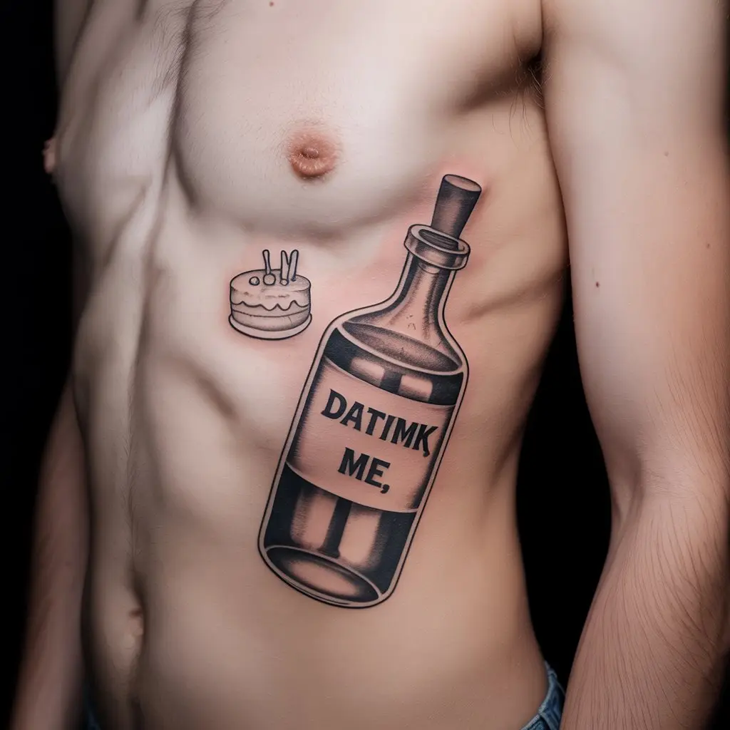 “Colorful Alice in Wonderland tattoo of ‘Eat Me’ cake and ‘Drink Me’ bottle on ribcage, realistic skin ink design symbolizing change and transformation.”