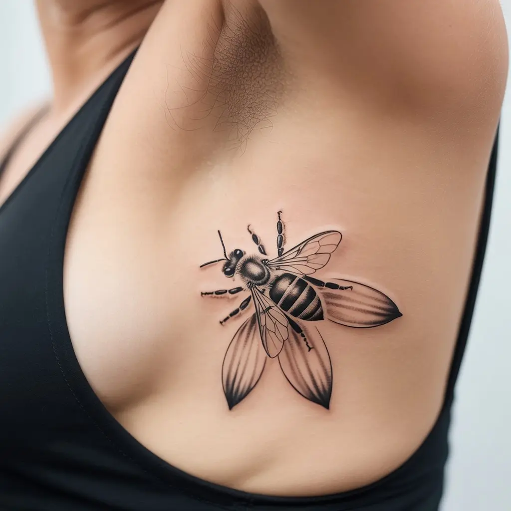 The Silent Pollinator
"The Silent Pollinator Honey Bee Tattoo on ribcage with bee resting on flower, black and grey realistic ink style."