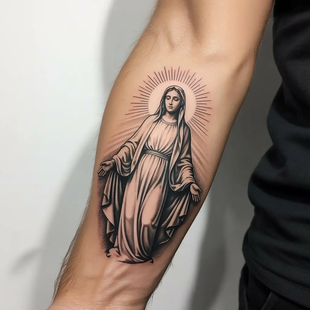 "Virgin Mary tattoo of divine embrace on inner forearm, detailed shading, showing compassion, protection, and motherly love."