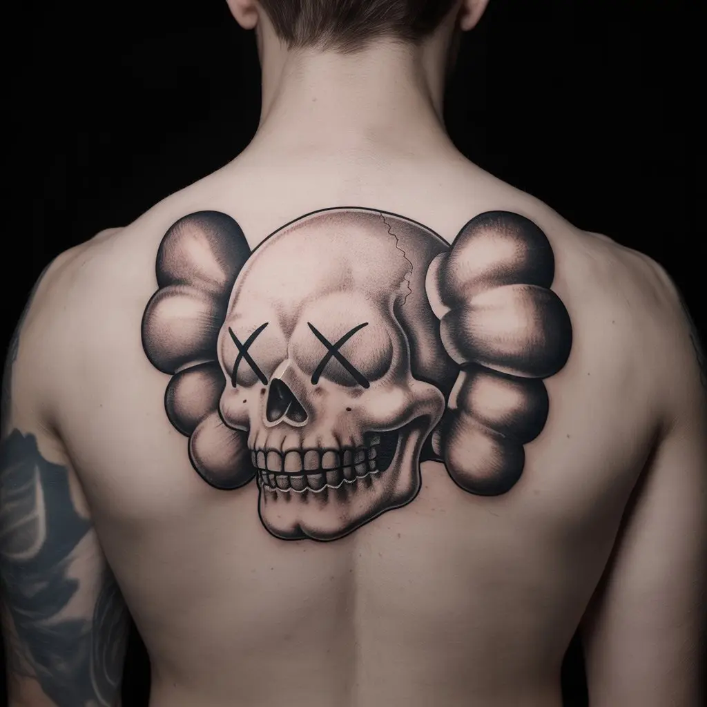 Black and grey realism KAWS tattoo of a skull-headed Companion, upper back design symbolizing mortality and memory.