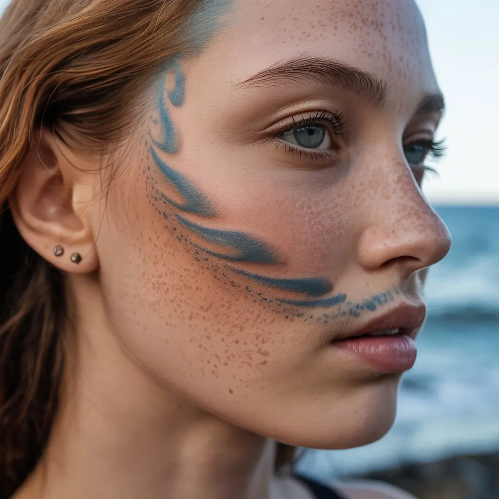 Ocean Breeze Freckle Tattoo – Ocean wave freckle tattoo with flowing curved patterns across cheekbones, beach-inspired style.

