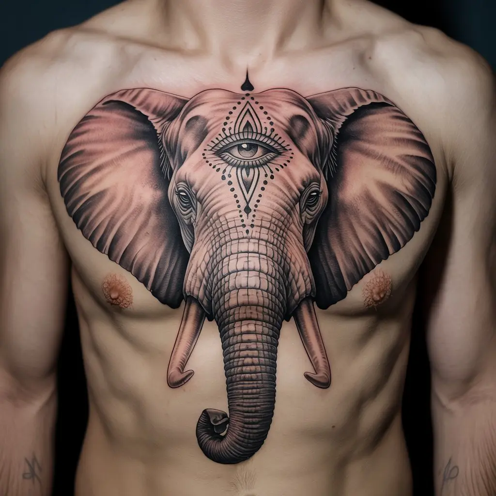 "Sacred elephant tattoo on sternum featuring a third eye, mystical black and grey elephant tattoos symbolizing enlightenment and spiritual vision."