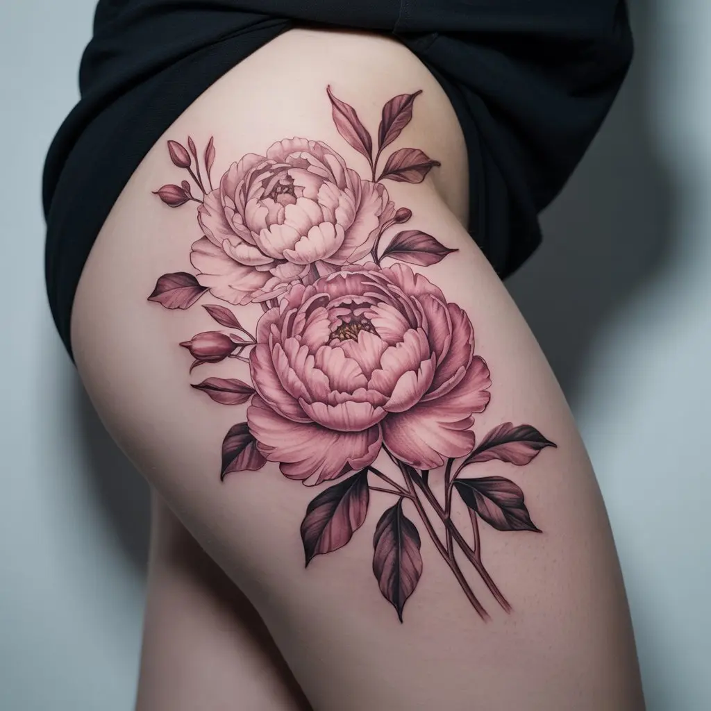 peony under thigh tattoos women, peony bouquet tattoo design on thigh, romantic and elegant floral body art