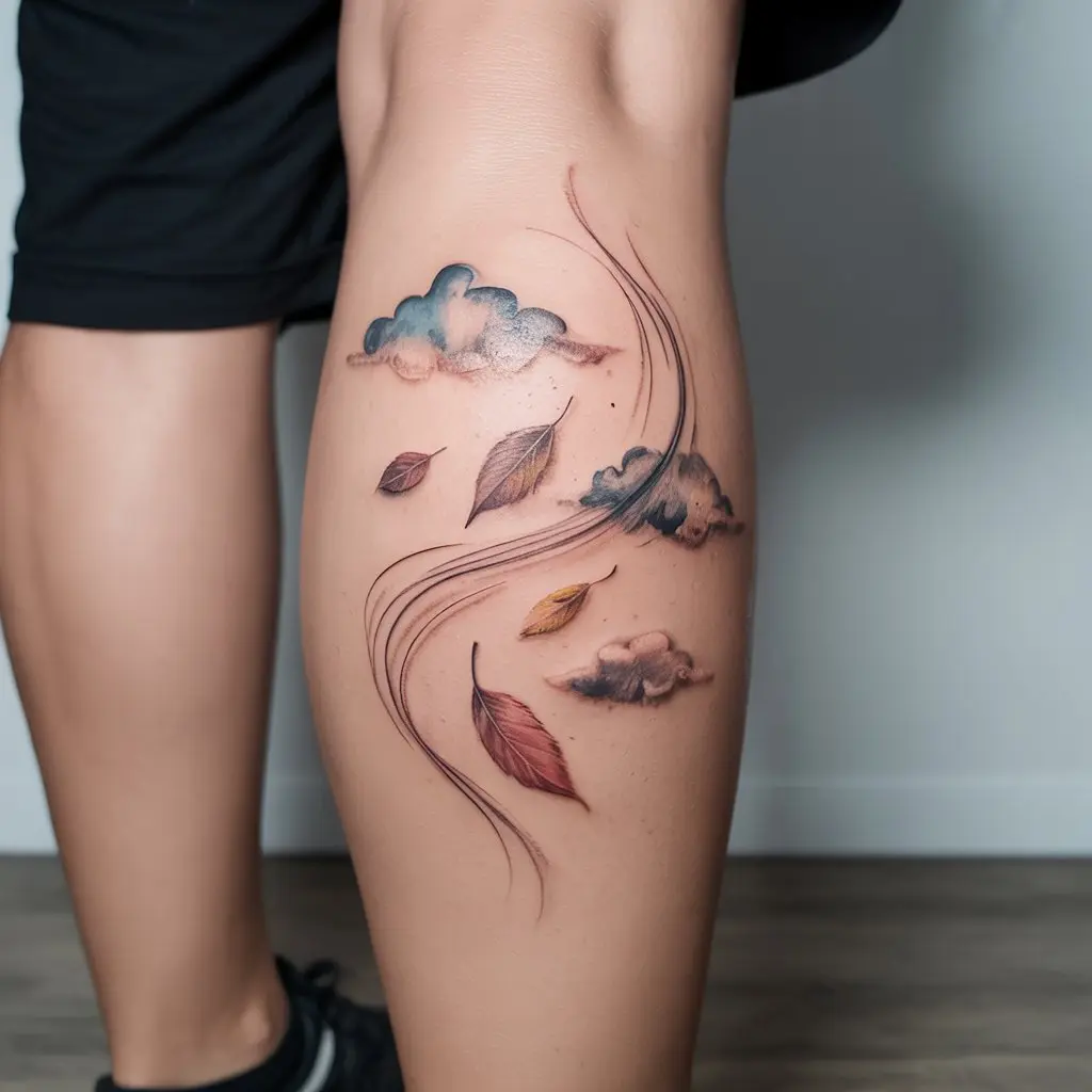 "September Sky and Leaf Trails fall tattoo on calf, swirling leaves in a breezy autumn sky"