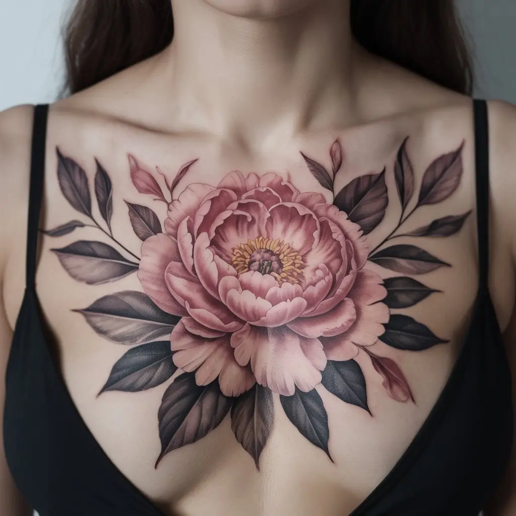 Bloom of Courage — Floral Power Centerpiece
Bloom of Courage chest tattoo female with large peony flower and soft pink shading at the center of the chest.