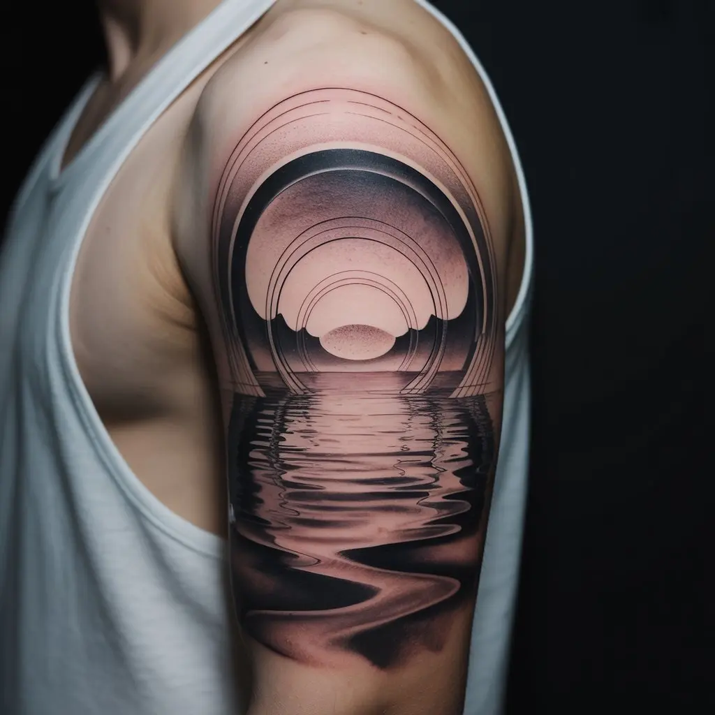 "Abstract tattoo designs — quantum mirage tattoo on upper arm with surreal wave-inspired patterns."