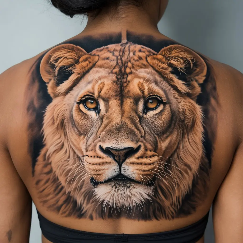Black women tattoos – fierce lioness portrait tattoo on upper back, representing courage, strength, and empowerment.