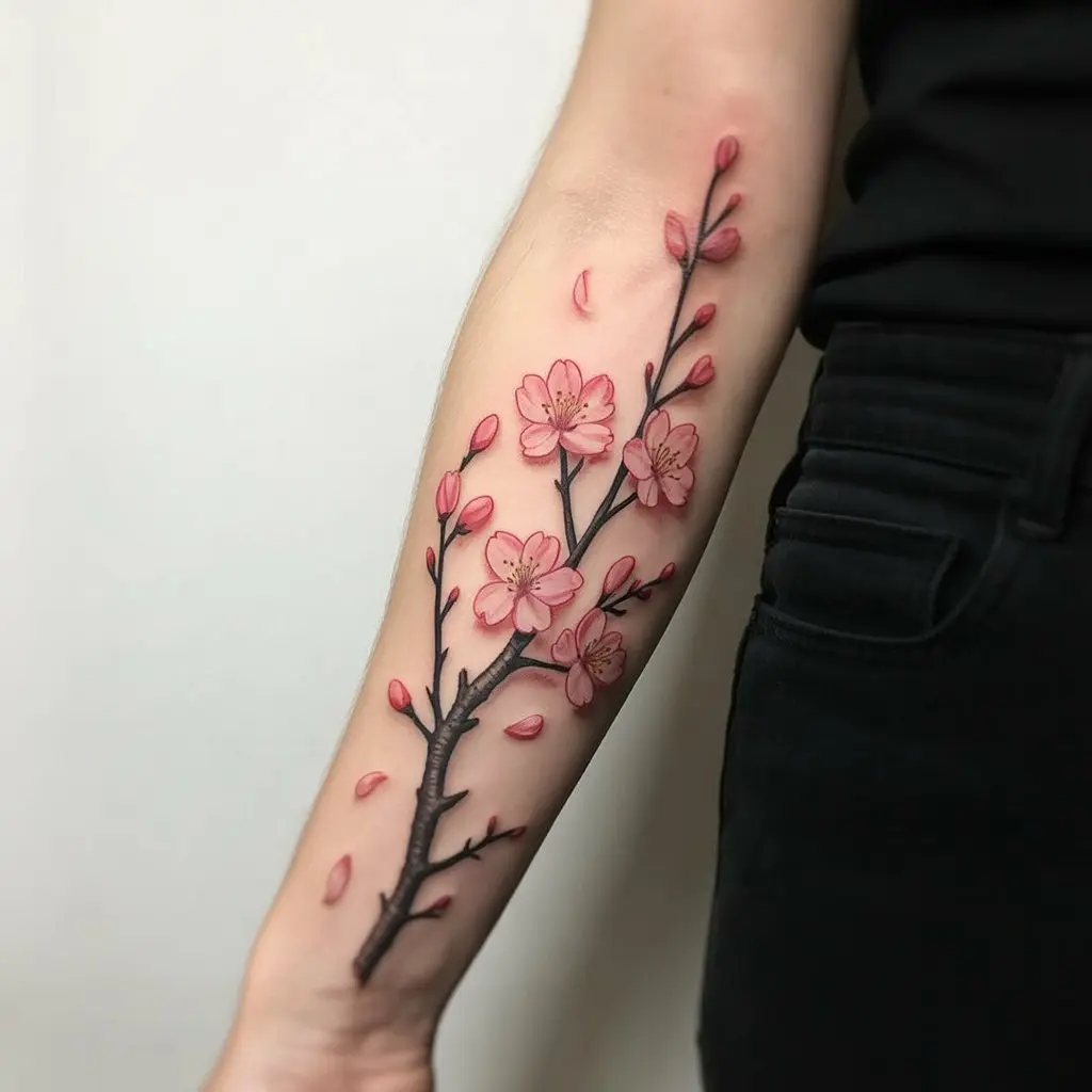 female tattoo ideas cherry blossom branch beauty in transience — Delicate cherry blossom branch tattoo on a woman’s forearm, pink flowers.

