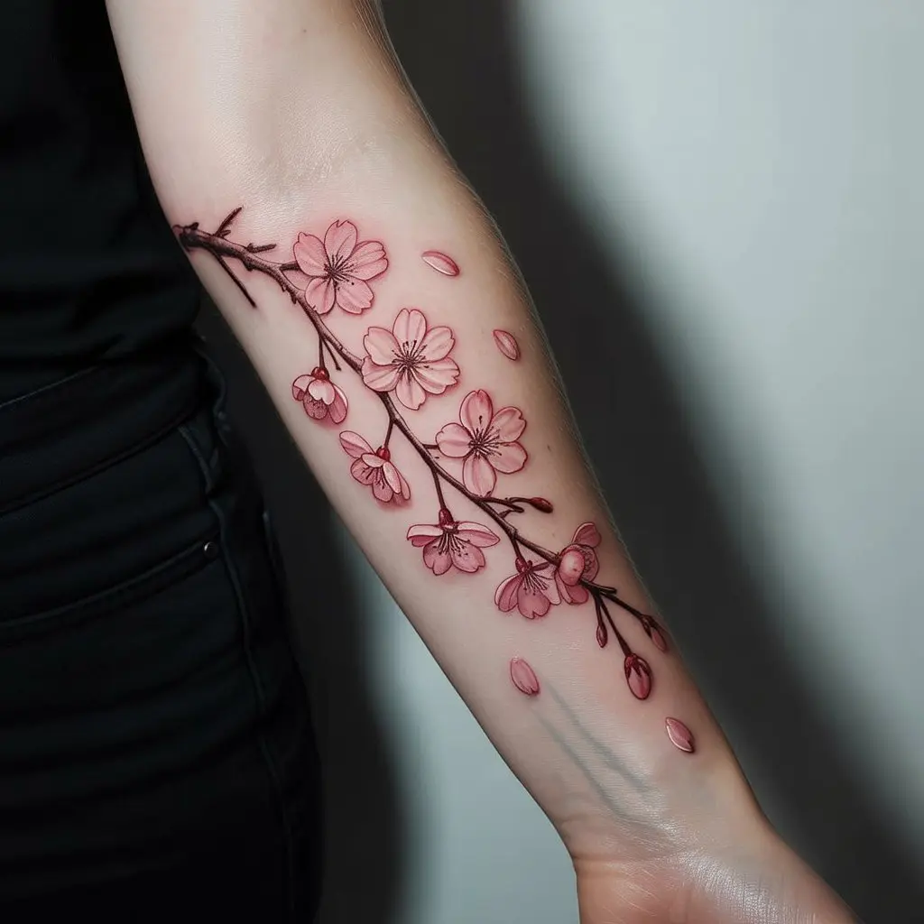 Forearm tattoo women – Delicate cherry blossom forearm tattoo with soft pink petals


