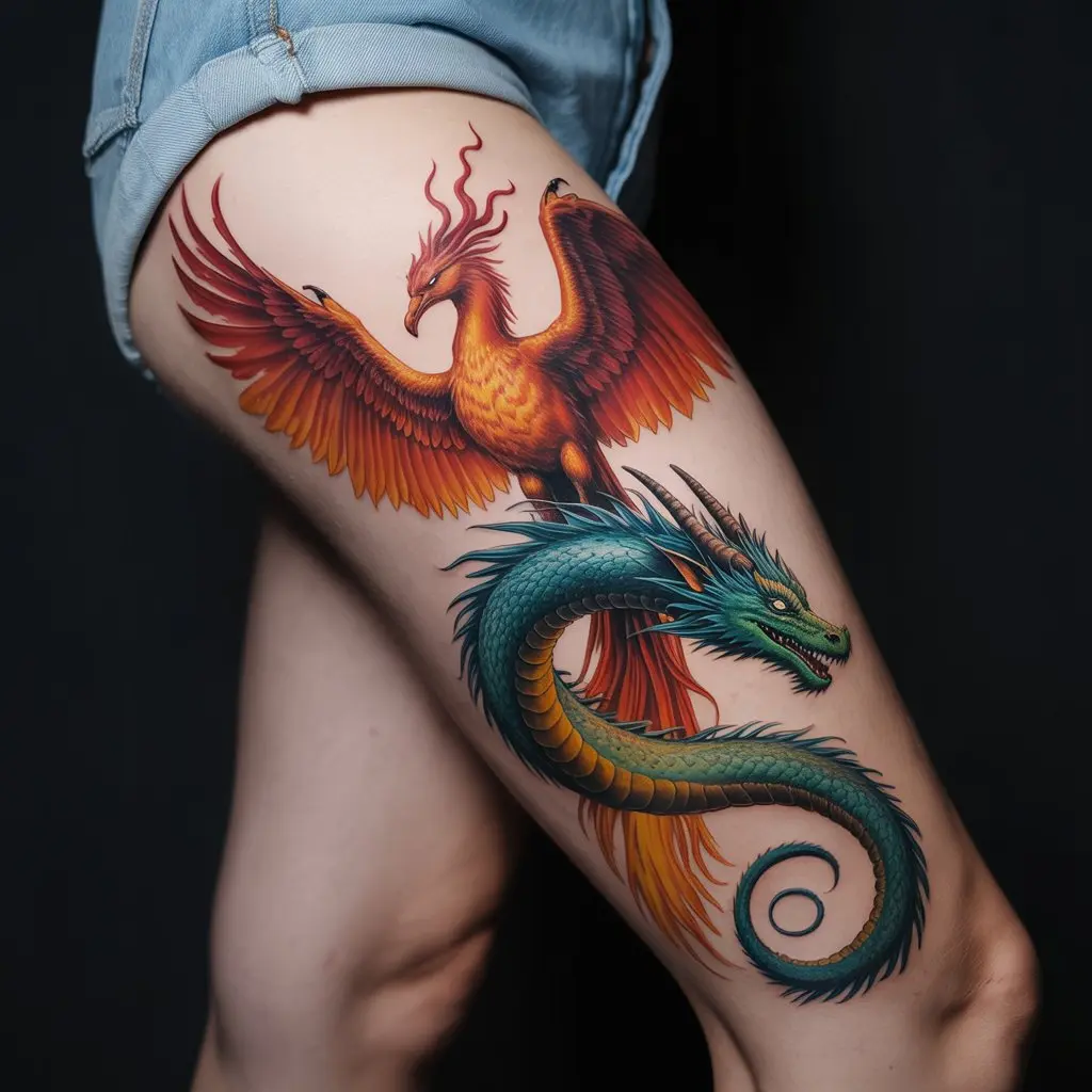 Mythical Creatures – leg tattoos women featuring a phoenix and dragon intertwined along the thigh and calf.


