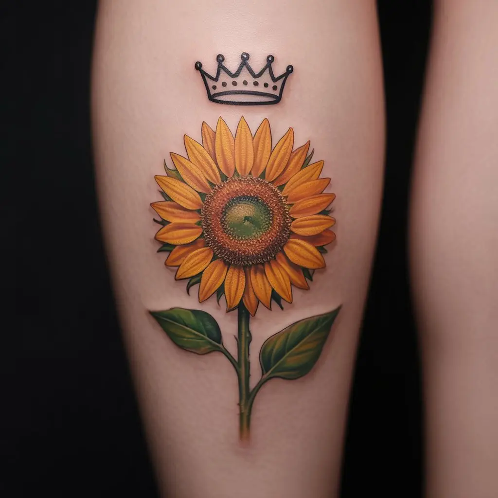 "Colorful feminine power tattoo of a sunflower with a crown representing positivity and leadership"

