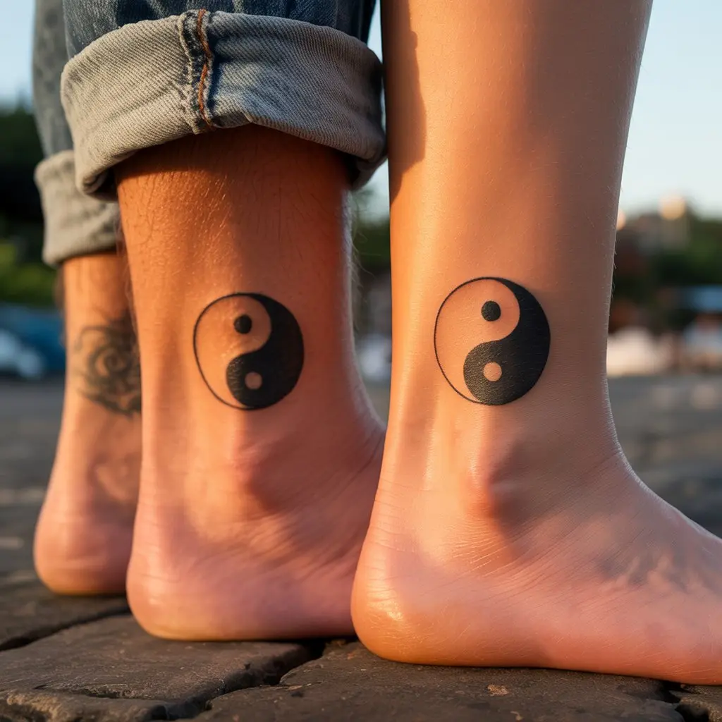 Yin and Yang Matching Couple Tattoos – Black and white yin yang matching couple tattoos on ankles, symbolic balance body art. 