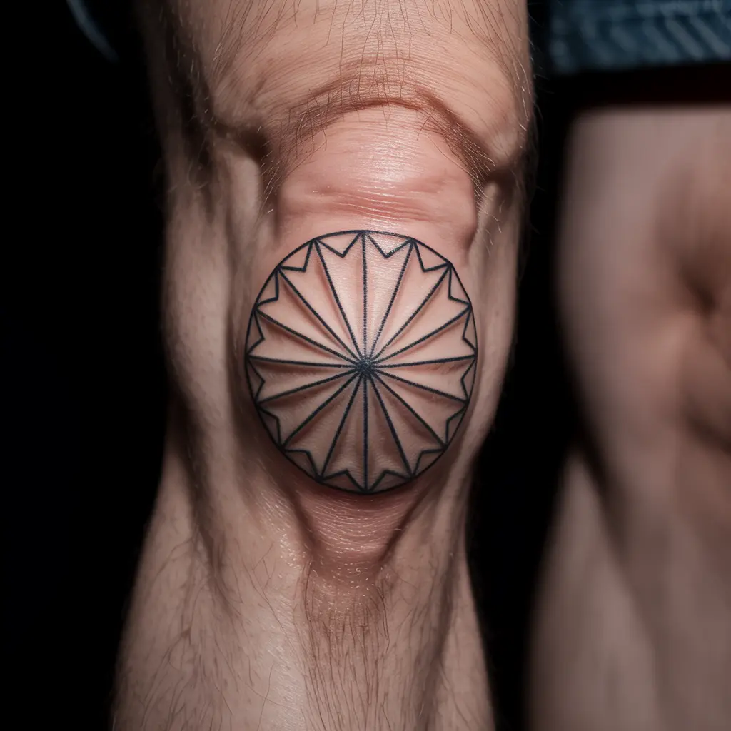 Geometric wheel knee cap tattoo with sharp black lines and symmetrical design.


