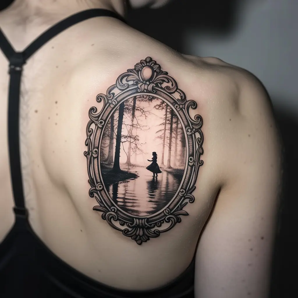 “Ornate Alice in Wonderland tattoo of a magical mirror reflecting Wonderland on shoulder blade, black and gray design symbolizing imagination and perspective.”
