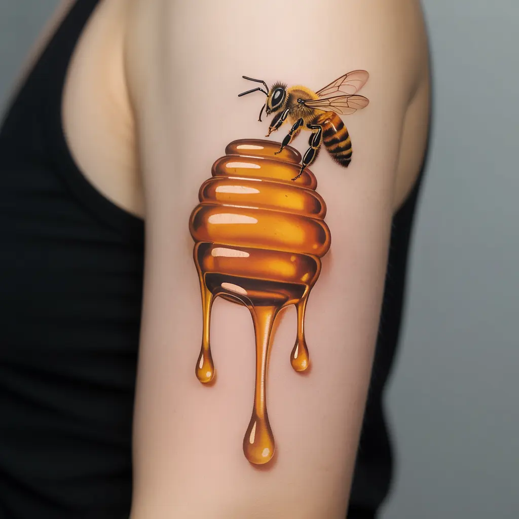Sunlit Honey Drip
"Sunlit Honey Drip Honey Bee Tattoo on arm with bee hovering over dripping honey, symbol of abundance and sweetness."