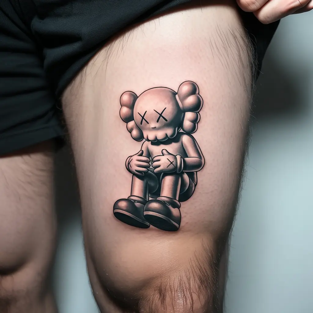 KAWS tattoo of a floating Companion character, surreal thigh design symbolizing freedom and release.