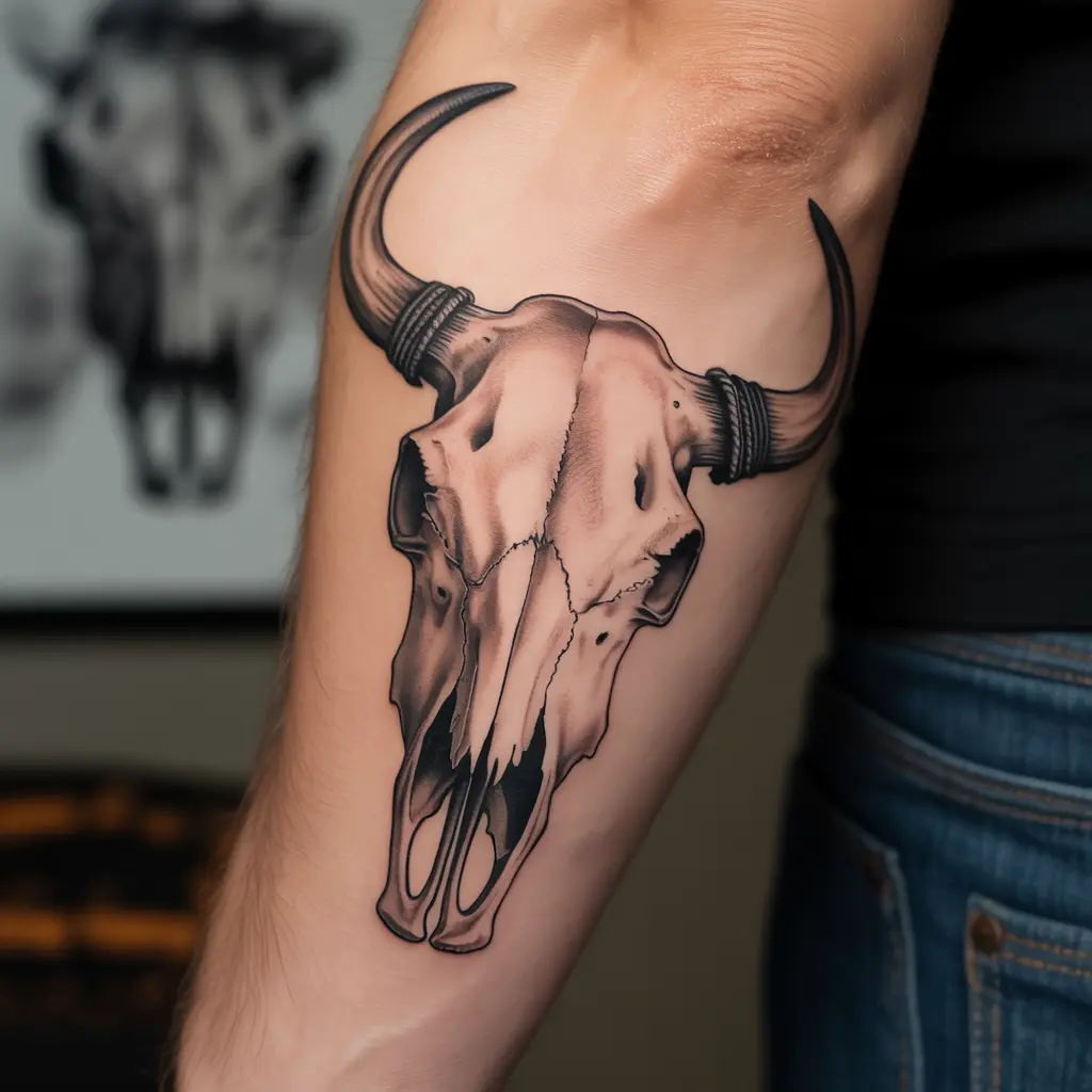 "Western style cow skull tattoo on forearm, inspired by cowboy culture and desert survival, symbolizing freedom and grit."