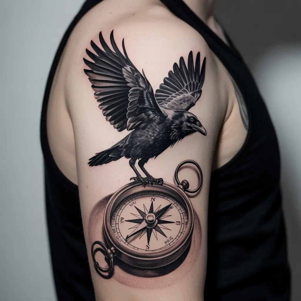 “Shoulder raven tattoo with a vintage compass, realistic black and gray ink symbolizing guidance and direction.”
