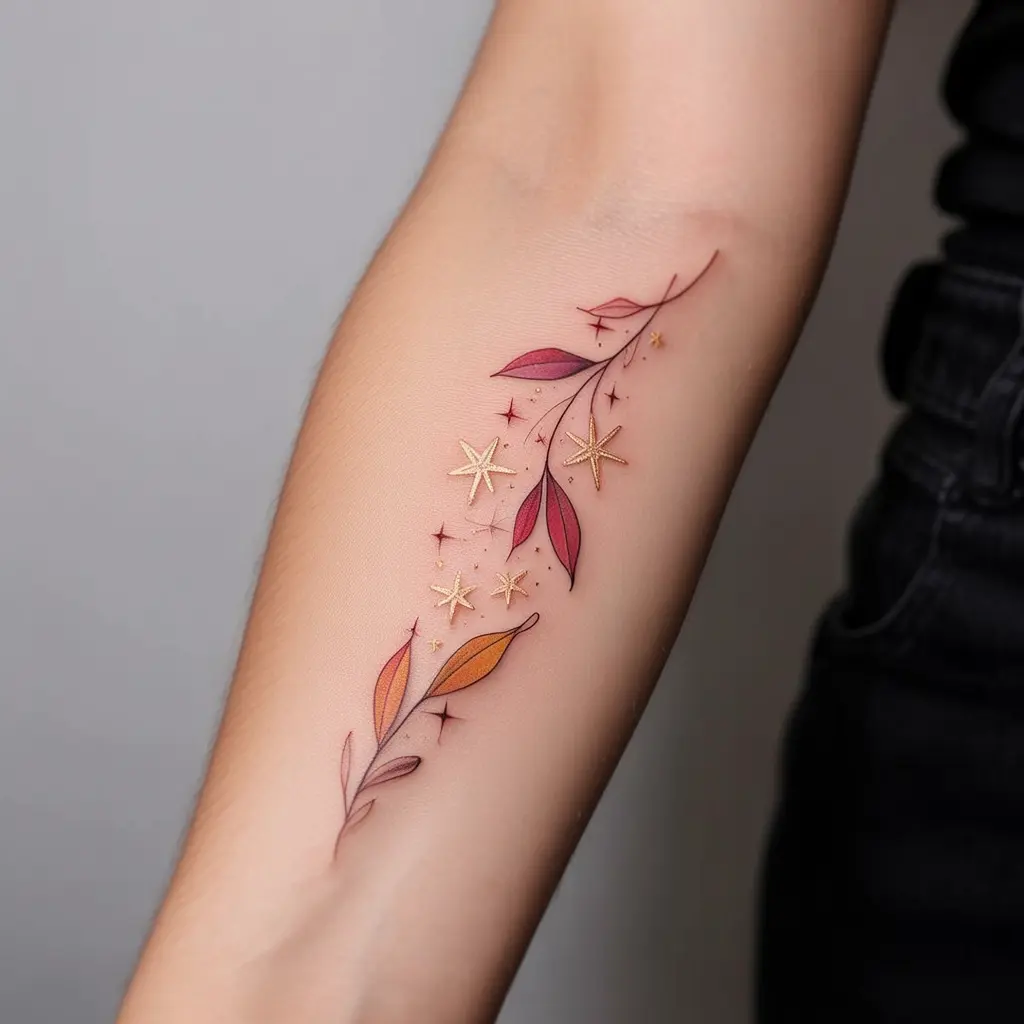 "Falling Stars, Falling Leaves fall tattoo on inner forearm, fine line stars and drifting autumn leaves"