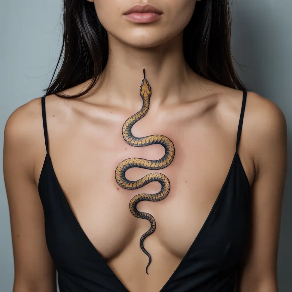 Gilded Serpent — Elegance with an Edge
Gilded Serpent chest tattoo female with slender coiling serpent in golden and black ink along the collarbone.