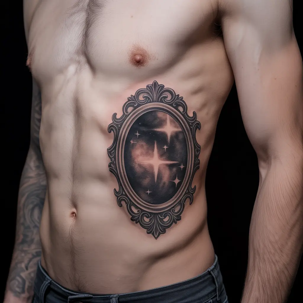 "Starborn Mirror with Obsidian Frame whimsigoth tattoo of cosmic mirror with gothic frame on rib cage"