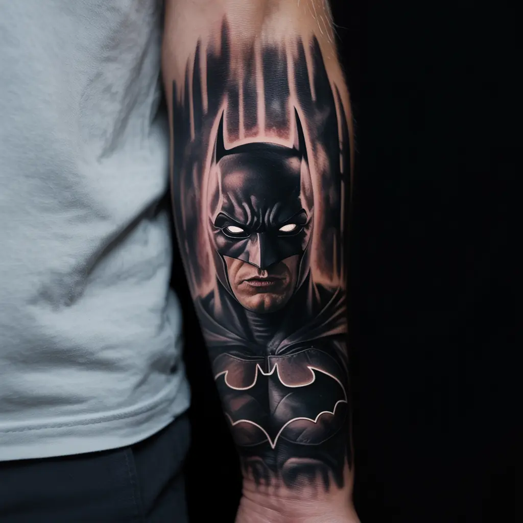 “Forearm Batman tattoo of the Dark Knight emerging from darkness with glowing white eyes, symbol of fear and intimidation.”