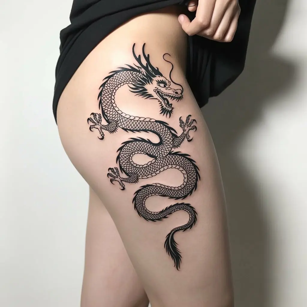 dragon under thigh tattoos women, fierce dragon tattoo design on thigh, bold feminine power body art