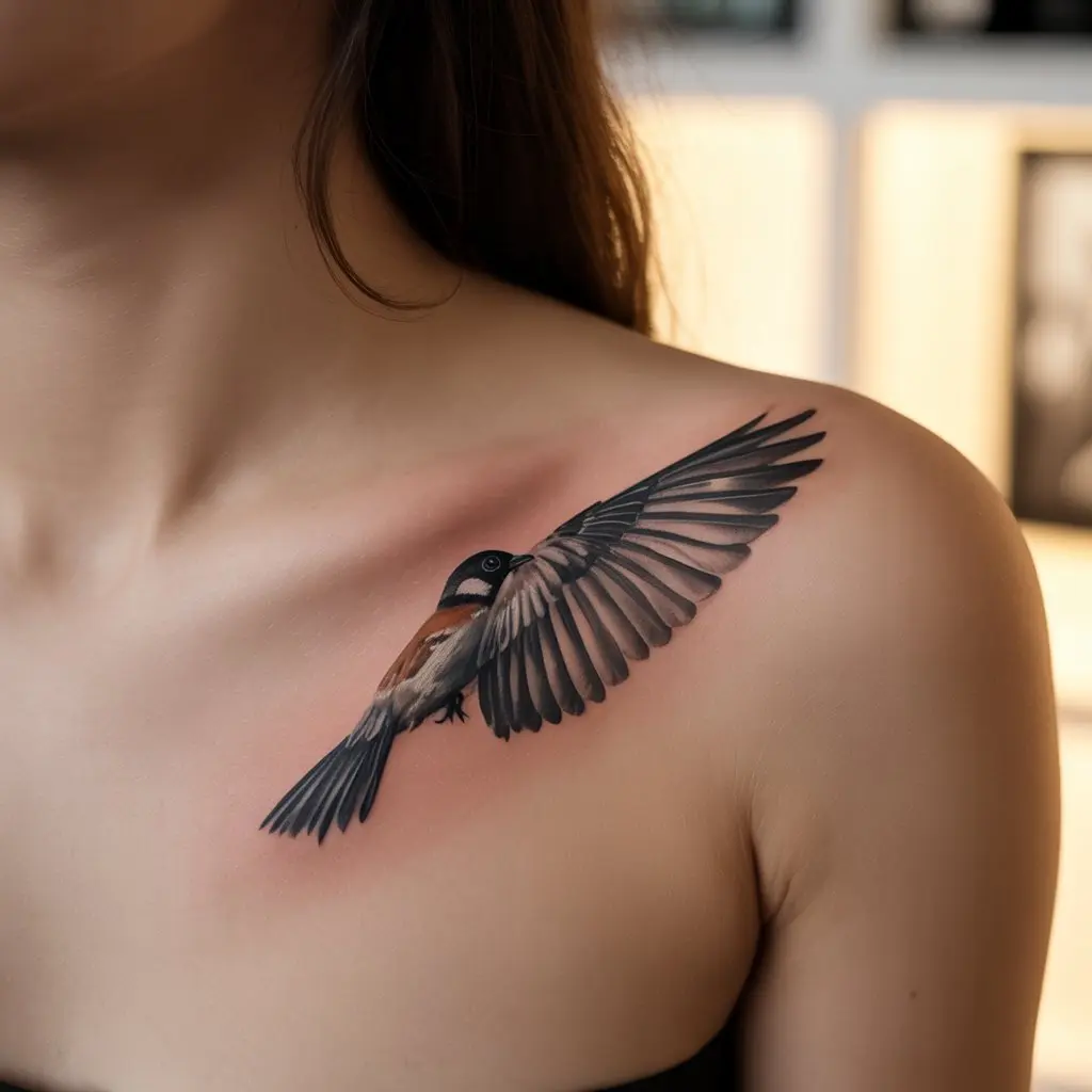 Sparrow’s Flight collar bone tattoo with a single bird wing stretching along the bone, representing freedom and resilience.