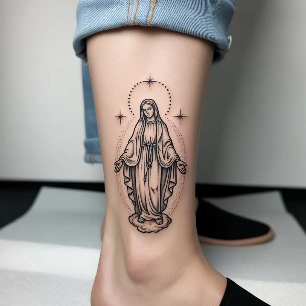 "Virgin Mary tattoo with guiding stars on ankle, delicate shading and celestial symbolism, representing faith, light, and destiny."