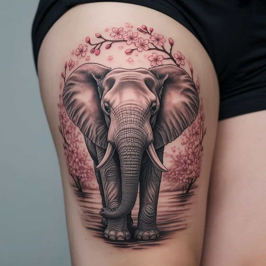 "Elephant tattoo with cherry blossoms on thigh, elegant black and grey elephant tattoos combined with flowers symbolizing peace and protection."