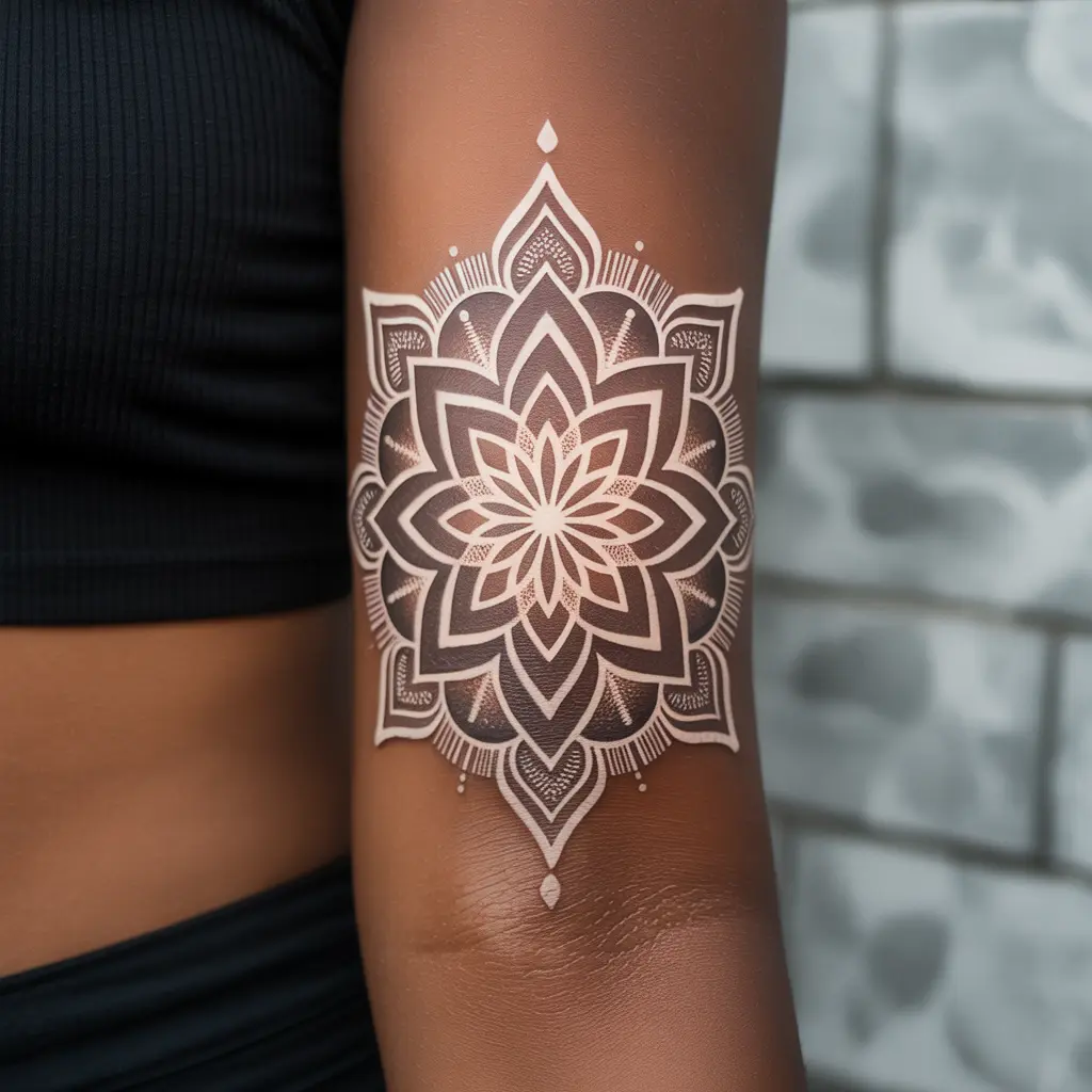 Black women tattoos – intricate mandala tattoo with white ink highlights on forearm, detailed sacred geometry for melanin skin.
