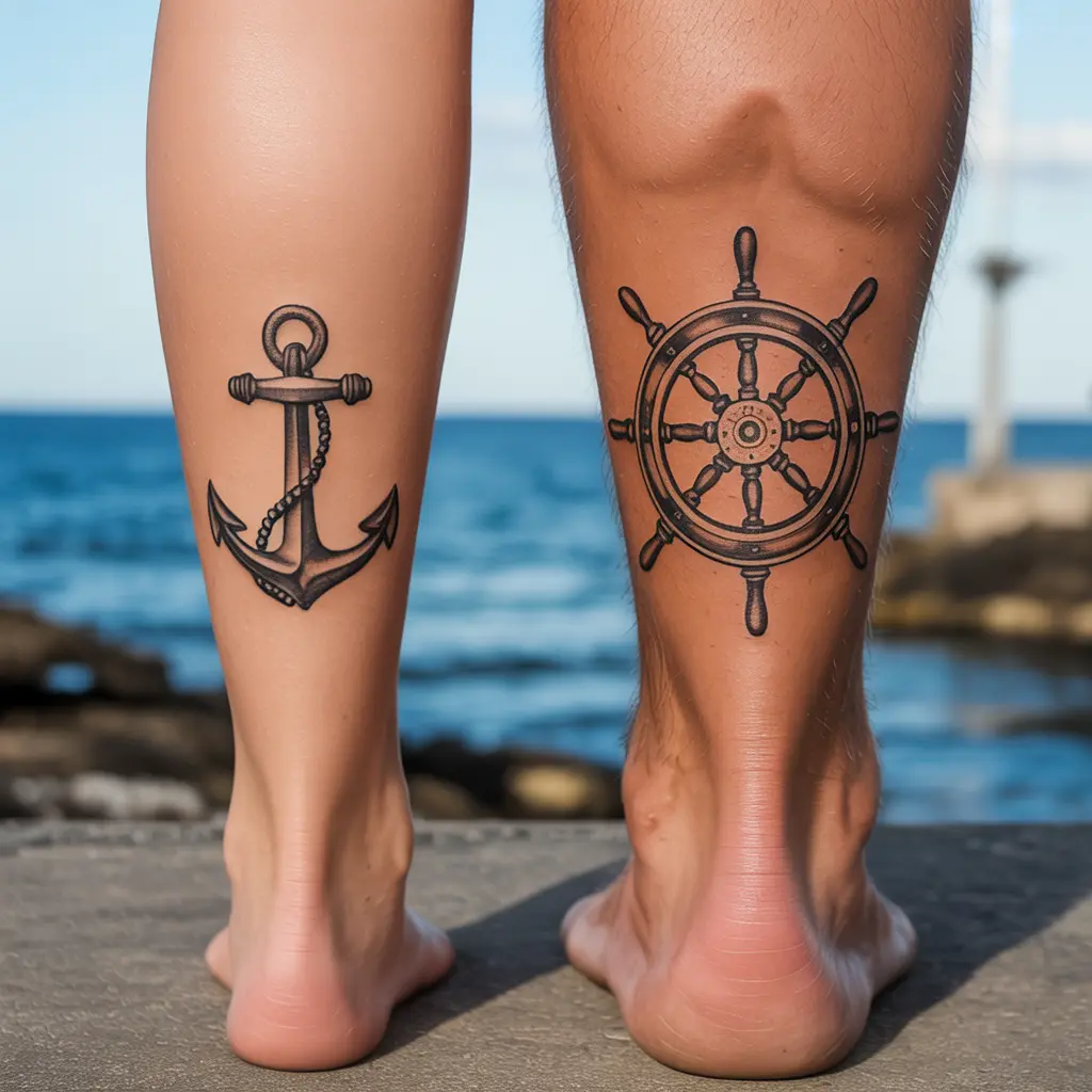 Anchor and Ship Wheel Matching Couple Tattoos – Nautical anchor and ship wheel matching couple tattoos on calves, detailed maritime design. 