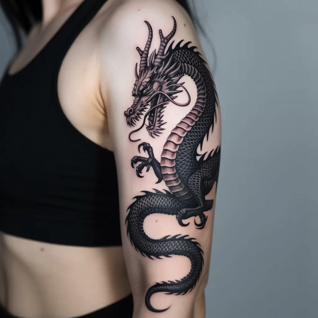 "Intricate feminine power tattoo of a dragon symbolizing wisdom, power, and untamed spirit"

