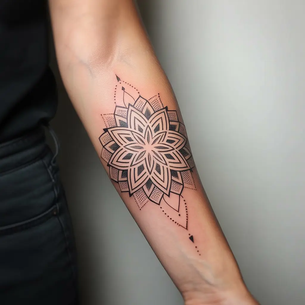 Forearm tattoo women – Geometric mandala forearm design with intricate black ink patterns

