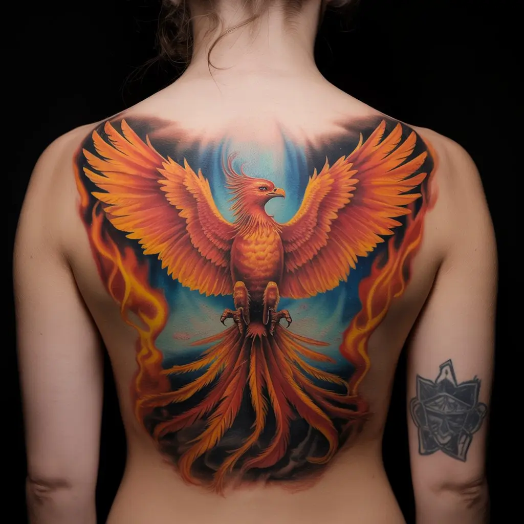 female tattoo ideas phoenix rising rebirth and resilience — Fiery phoenix tattoo on a woman’s upper back, vibrant reds and oranges.

