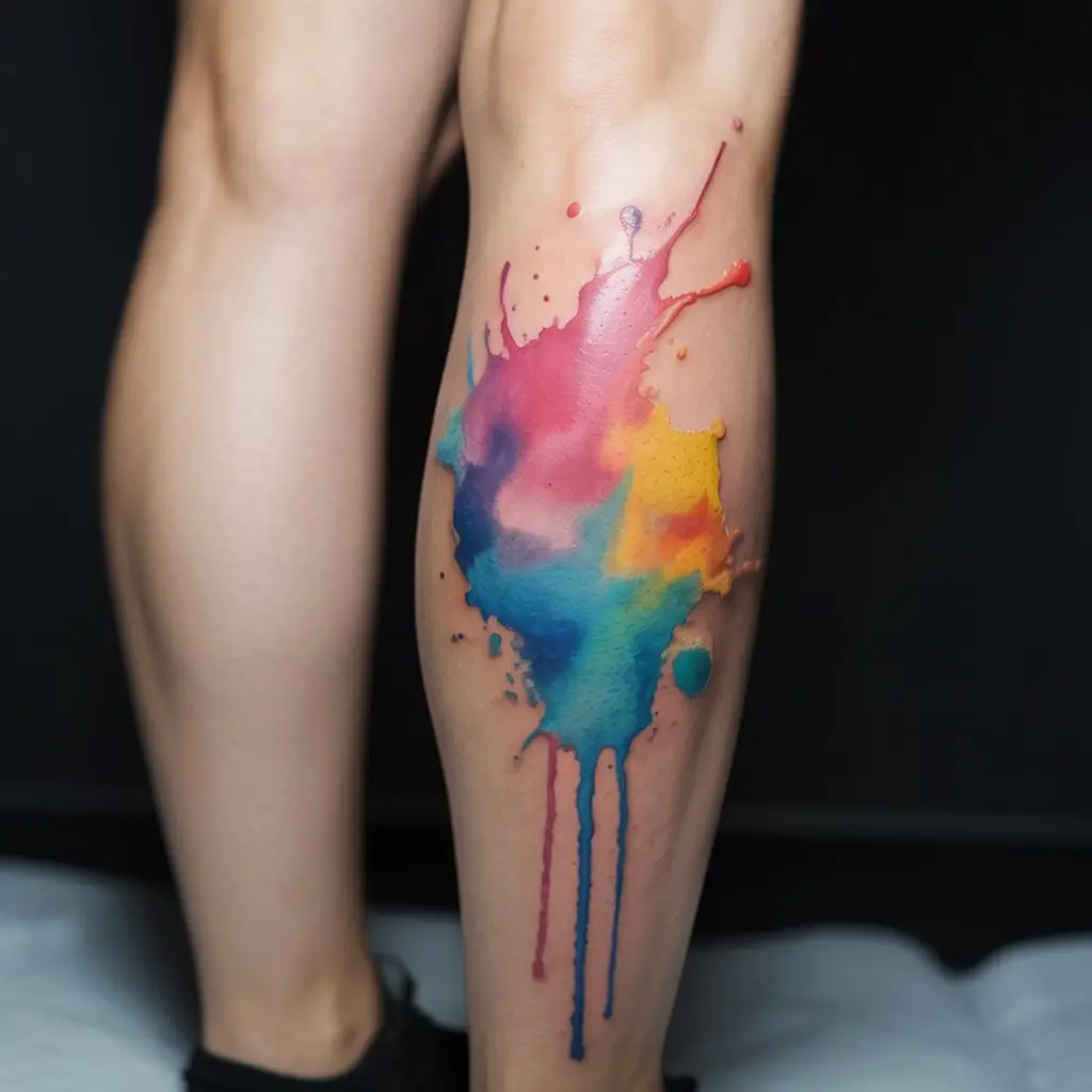 Watercolor Abstract Art – leg tattoos women with bright watercolor splashes blending pink, blue, and yellow across the leg.

