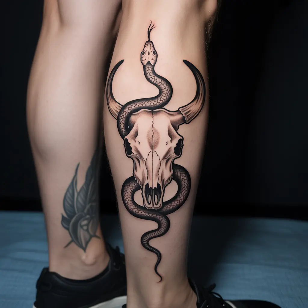 "Cow skull tattoo with snake entwined on calf, symbolizing balance of life, death, and spiritual rebirth."